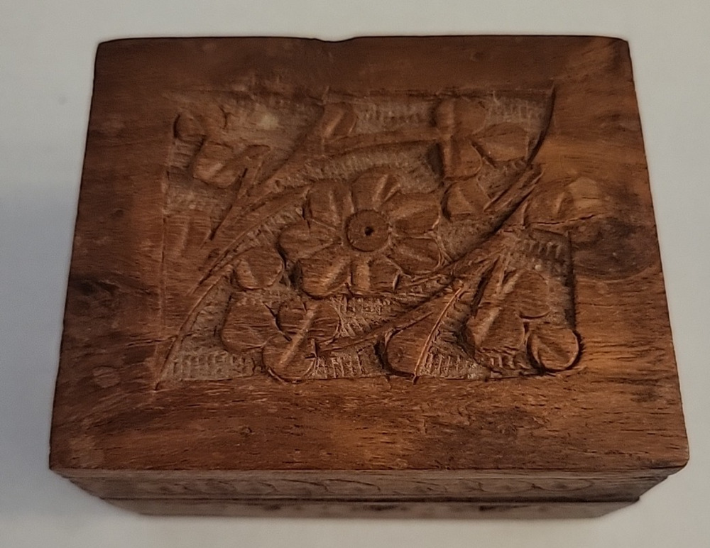 Small 3" Wooden Floral Box Keepsake Storage Hand Carved Lined Jewelry Box India